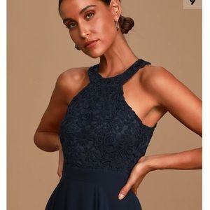 Lulus Picture Perfect Navy Blue Lace Maxi dress